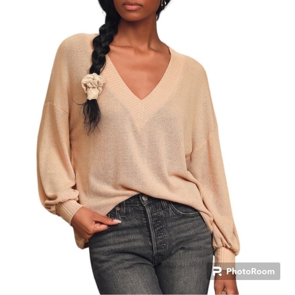 Lulu’s Personal Record Tan Knit Balloon Sleeve Sweater Top Size M - Picture 4 of 15